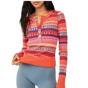 Colorful Free People Movement Patterned Henley Top